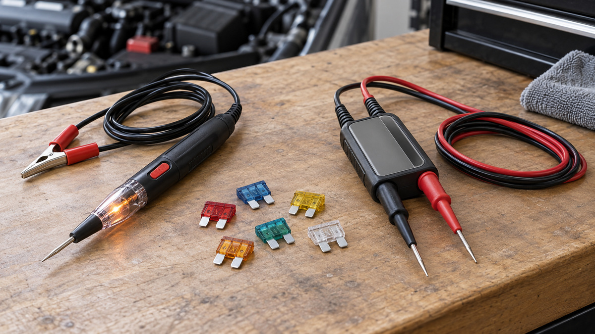 Two generic fuse voltage testers beside unmarked automotive blade fuses.