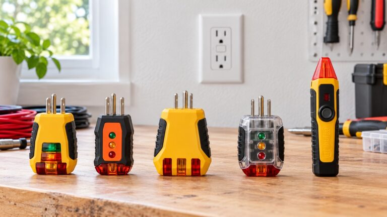Five generic GFCI detector designs are arranged on a bright electrician's workbench.