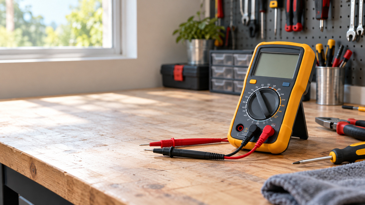 A hand held digital multimeter with leads and display shown on a workbench for home electrical checks.