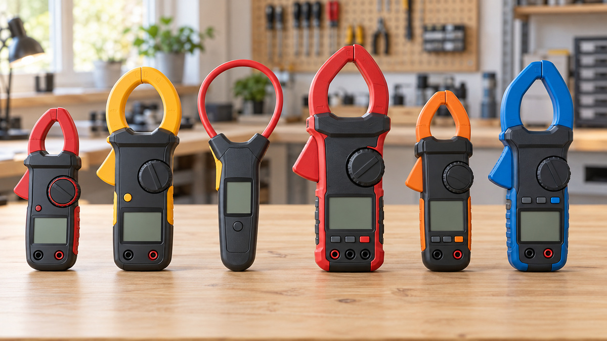 Six generic handheld clamp meters arranged for a clear feature and size comparison.