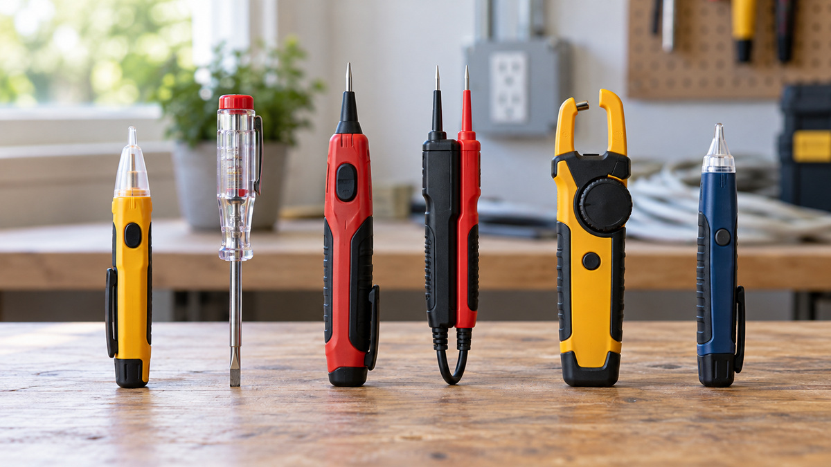Six handheld voltage testers arranged for comparison on a clean workbench.