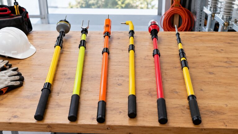 Six insulated hot-stick voltage detectors are arranged on a safety workbench.