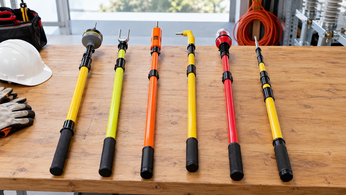 Six insulated hot-stick voltage detectors are arranged on a safety workbench.