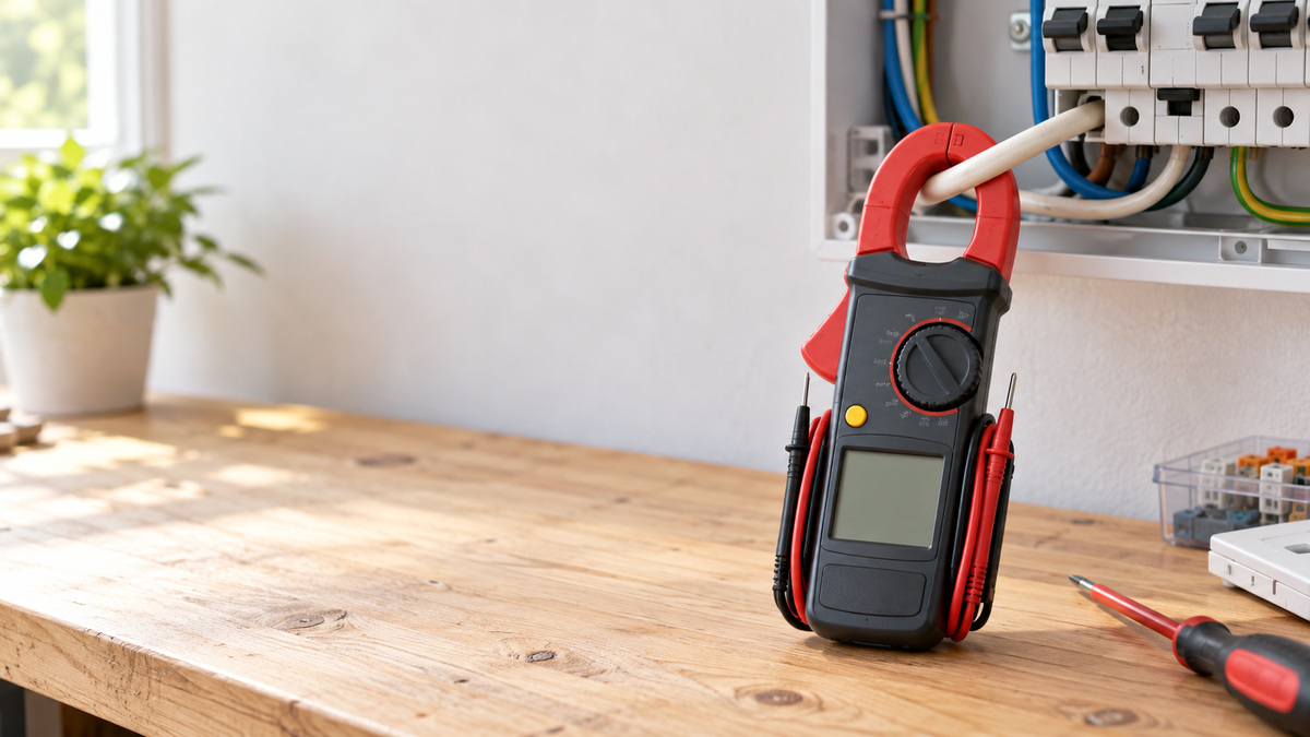 A close-up photograph of a clamp meter jaw closed around a single insulated conductor with test leads stored.