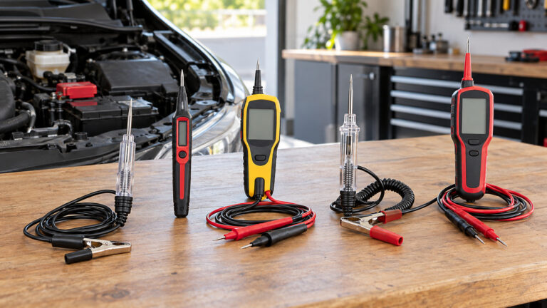 Generic automotive voltage testers arranged on a garage workbench.