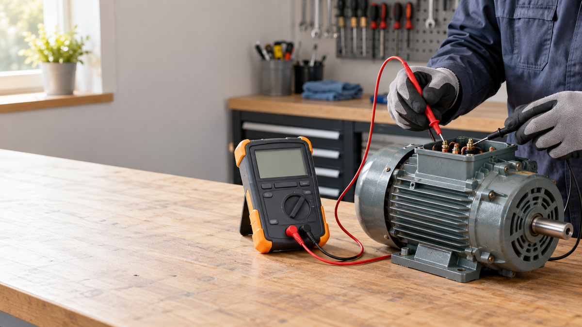 A technician testing motor insulation with a handheld insulation resistance tester on a workbench.