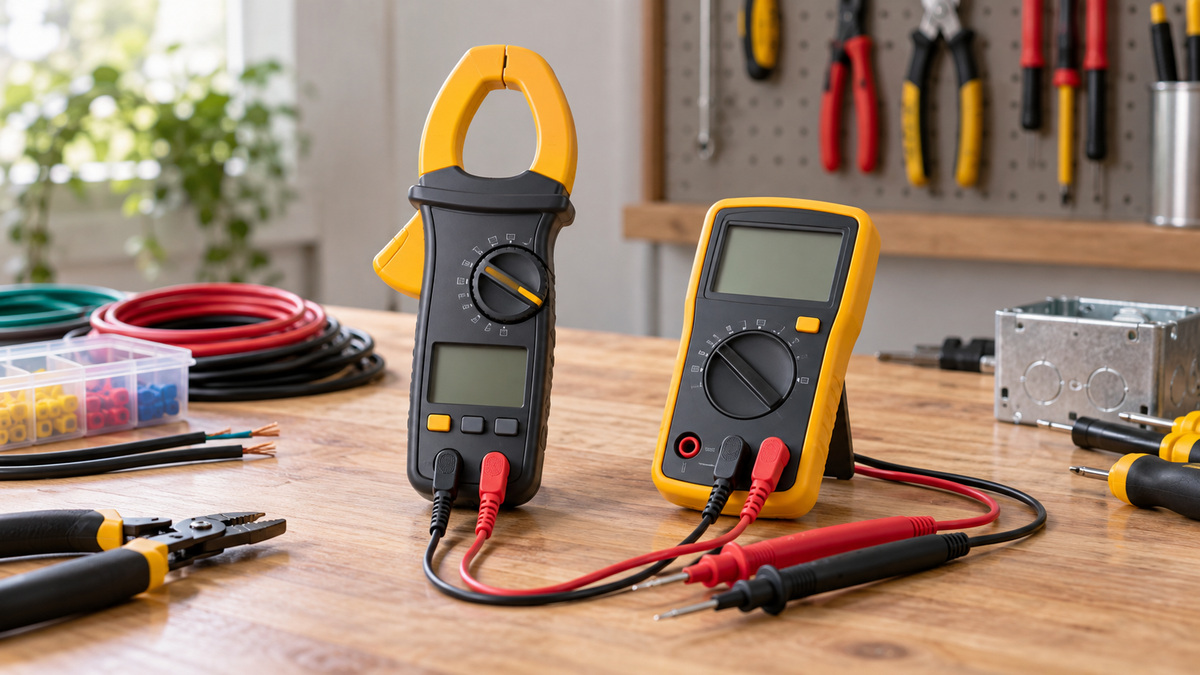 Two generic handheld electrical testers on an electrician workbench.