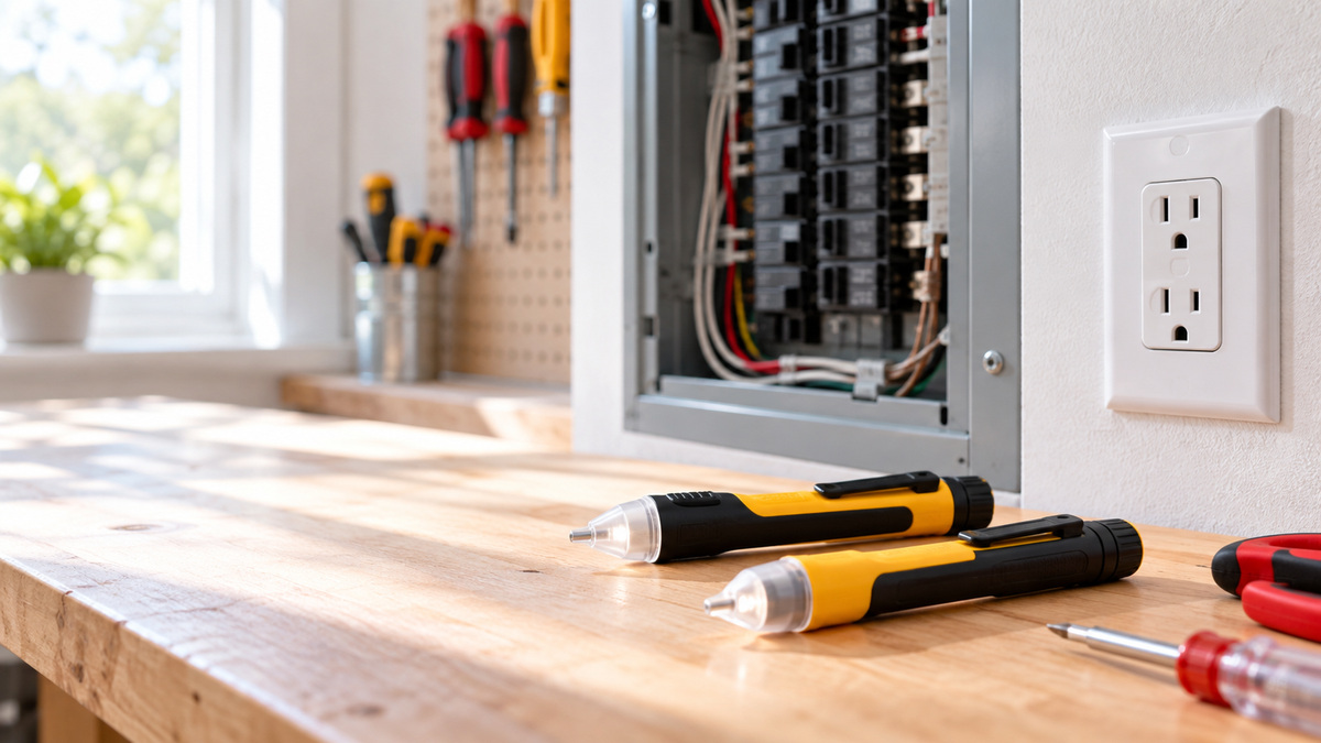A close-up of pen-style non-contact voltage detectors beside an outlet and breaker panel in a bright workshop.