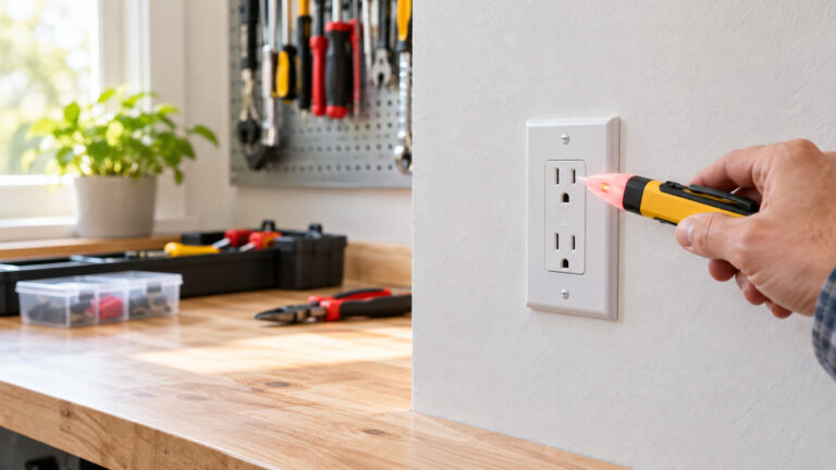 A close-up of a non-contact voltage tester pen near an outlet with LED indicator visible.