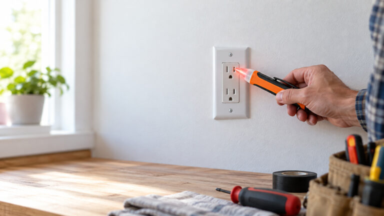A close-up of a pen-style non-contact voltage detector near an outlet with LED lit.
