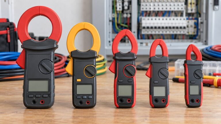 Five leakage current clamp meters with varied jaw sizes stand on an electrician's bench.