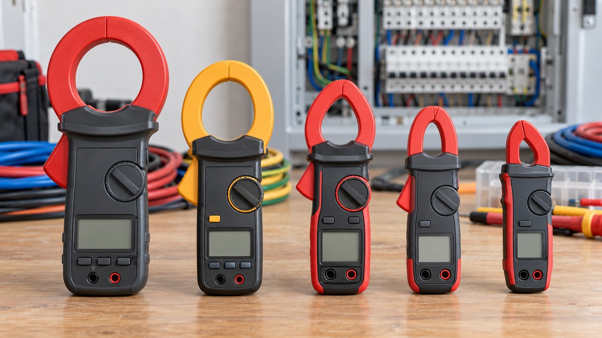 Five leakage current clamp meters with varied jaw sizes stand on an electrician's bench.