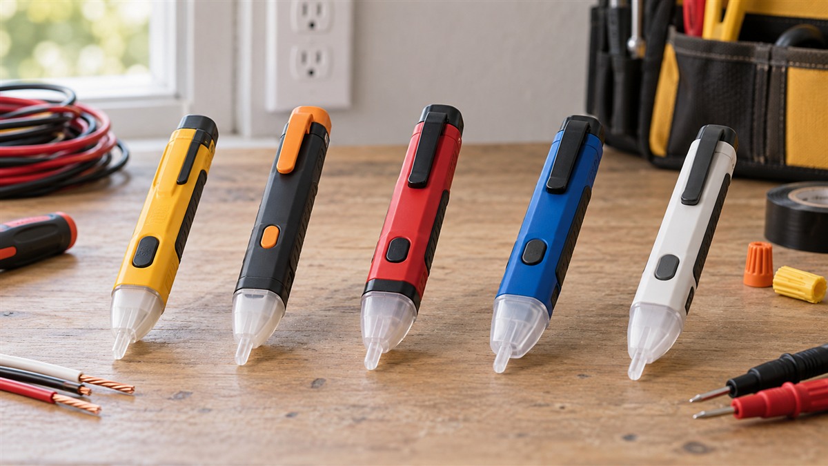Generic LED-style voltage detector pens arranged for comparison on an electrician workbench.