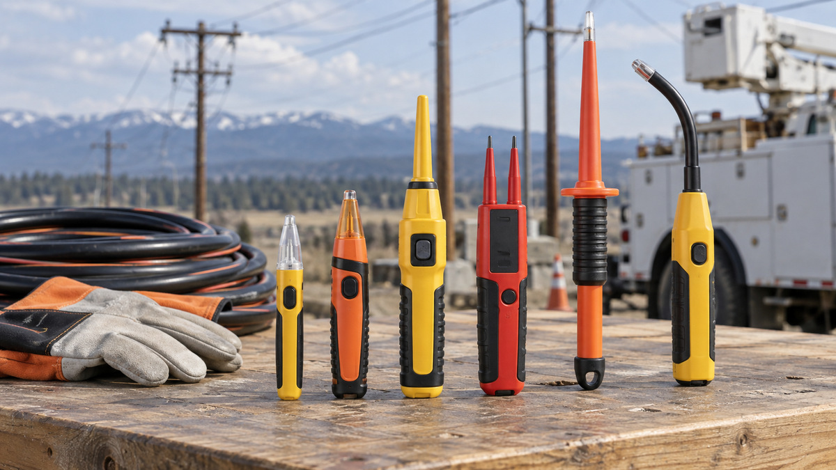 A clean editorial comparison scene showing generic lineman voltage detector options side by side.