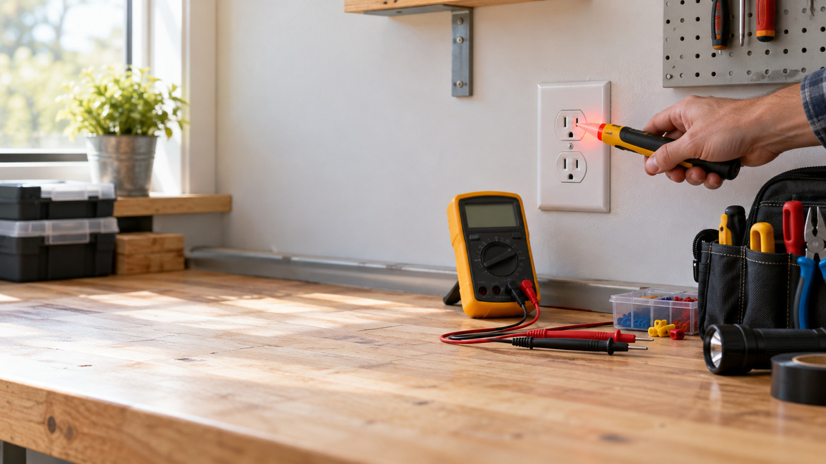 A natural editorial photograph of a non-contact voltage tester checking an outlet with a known live source nearby for verification.