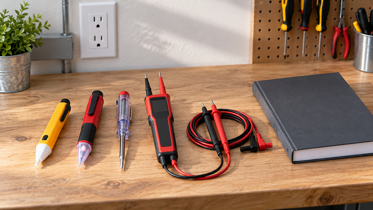 Several live wire tester styles and test leads arranged on a clean workbench.