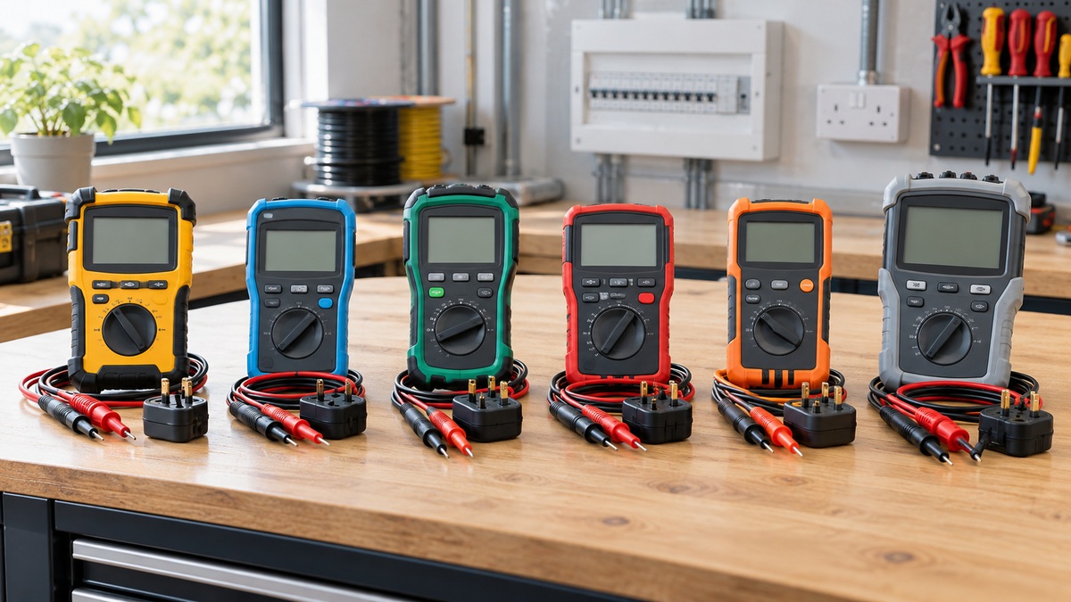 Six loop meters arranged with test leads on a clean electrical workbench.