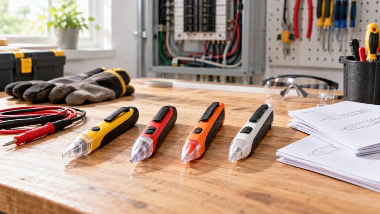 Low-voltage electrical detectors arranged with leads on a clean workbench.