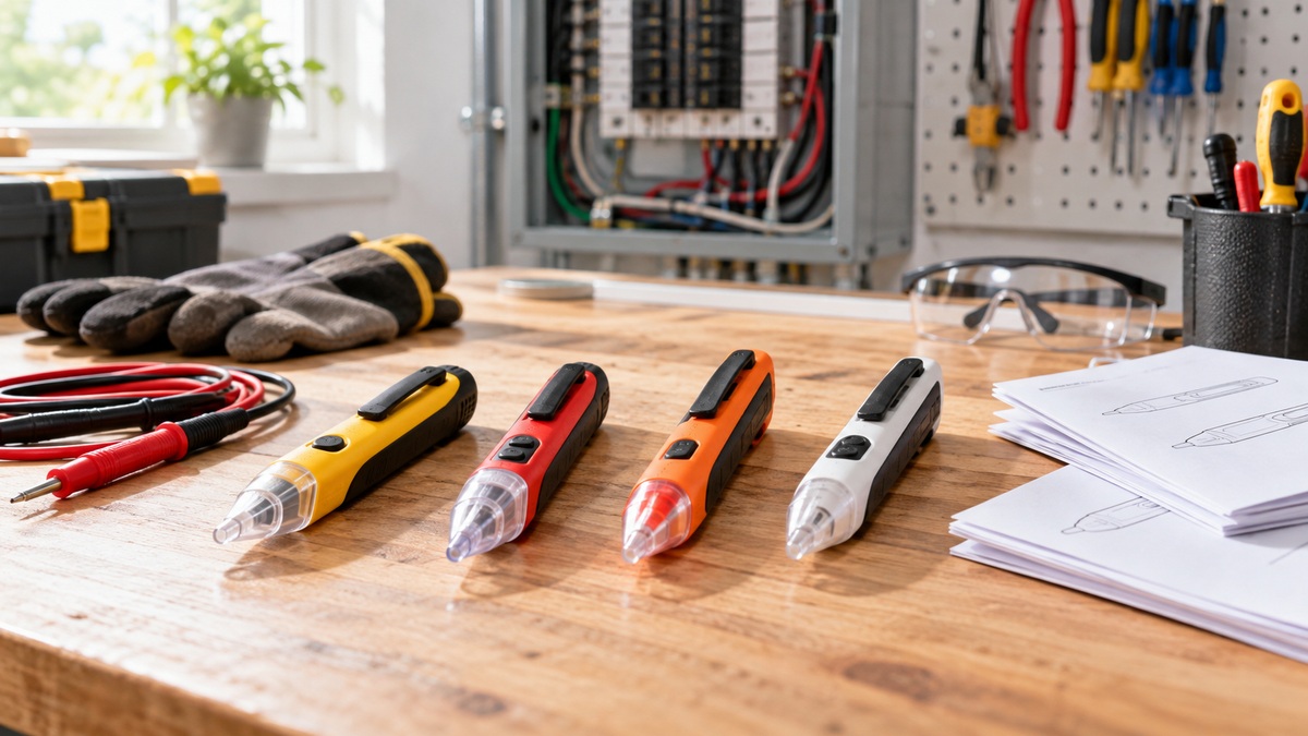 Low-voltage electrical detectors arranged with leads on a clean workbench.