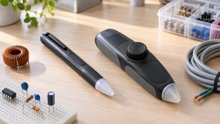 Two generic magnetic field detector pens beside a coil and electronics components.