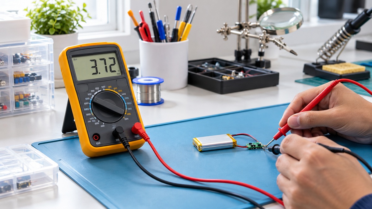 A digital multimeter and insulated probes measuring a safe low-voltage circuit on a workbench.