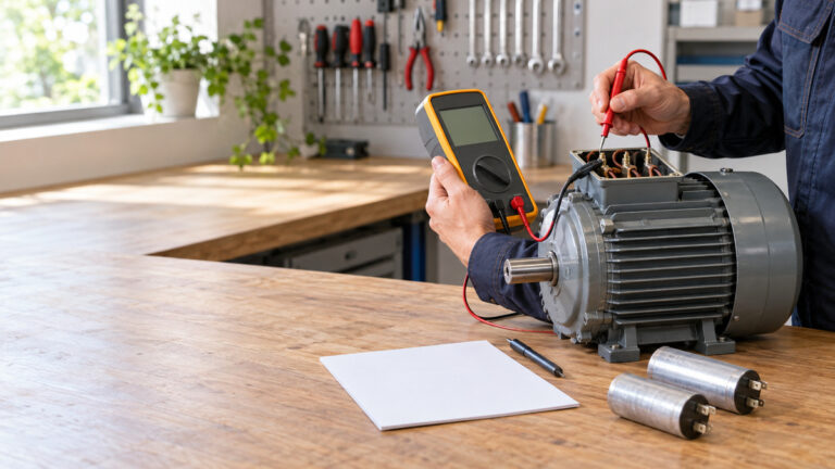 A technician tests an electric motor with a handheld meter.