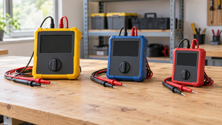 Three generic insulation resistance testers with blank screens and coiled test leads.