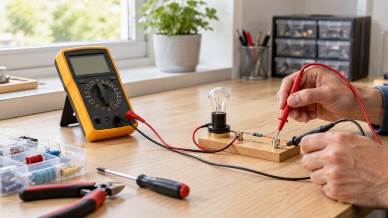 A generic voltage meter testing an electrical circuit.