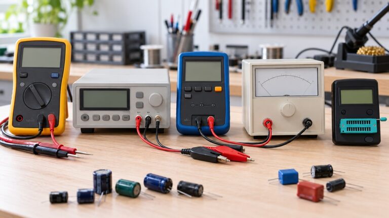 Five generic capacitance testers are arranged with probes and loose capacitors.