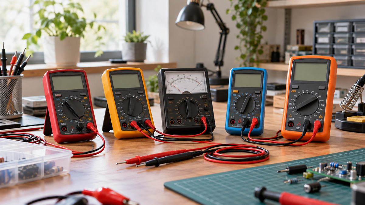 Several milliamp meter styles and test leads are arranged on a bright electronics workbench.
