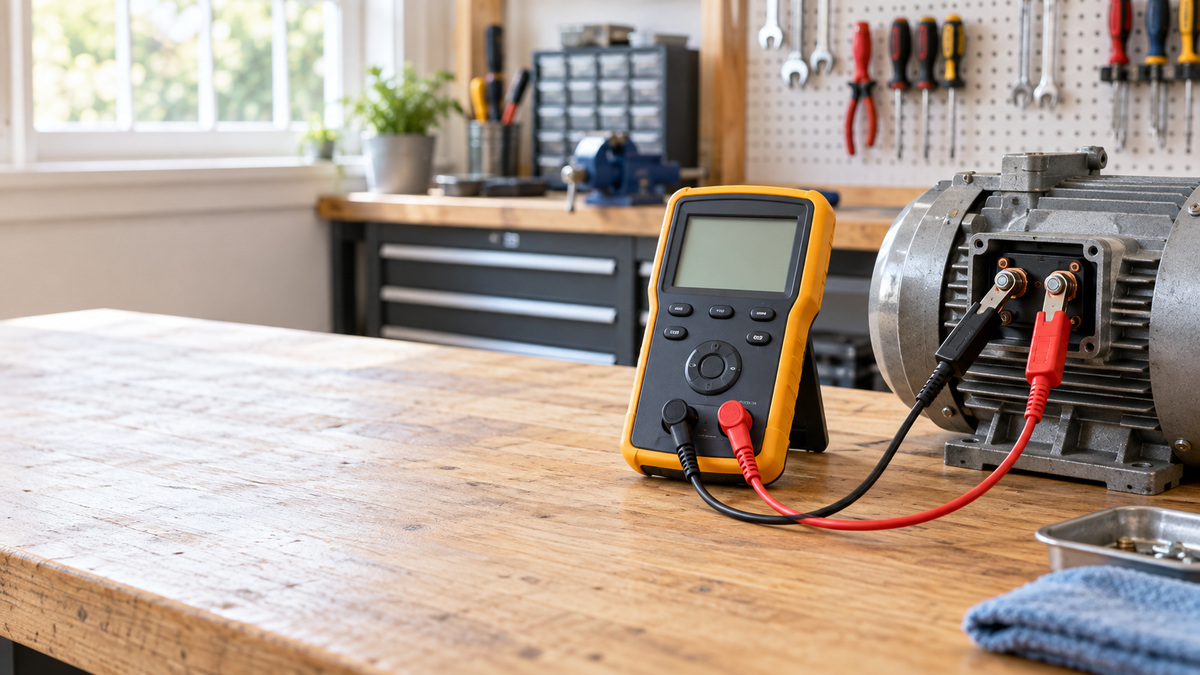 A handheld milliohm meter with Kelvin clips measuring a low-resistance connection on a workbench.