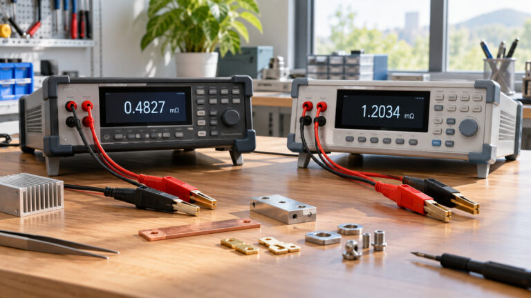 Editorial comparison scene featuring generic milliohm tester options in natural light.