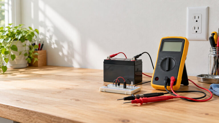 A close-up of a digital multi meter with test leads on a workbench next to a battery and a small circuit.