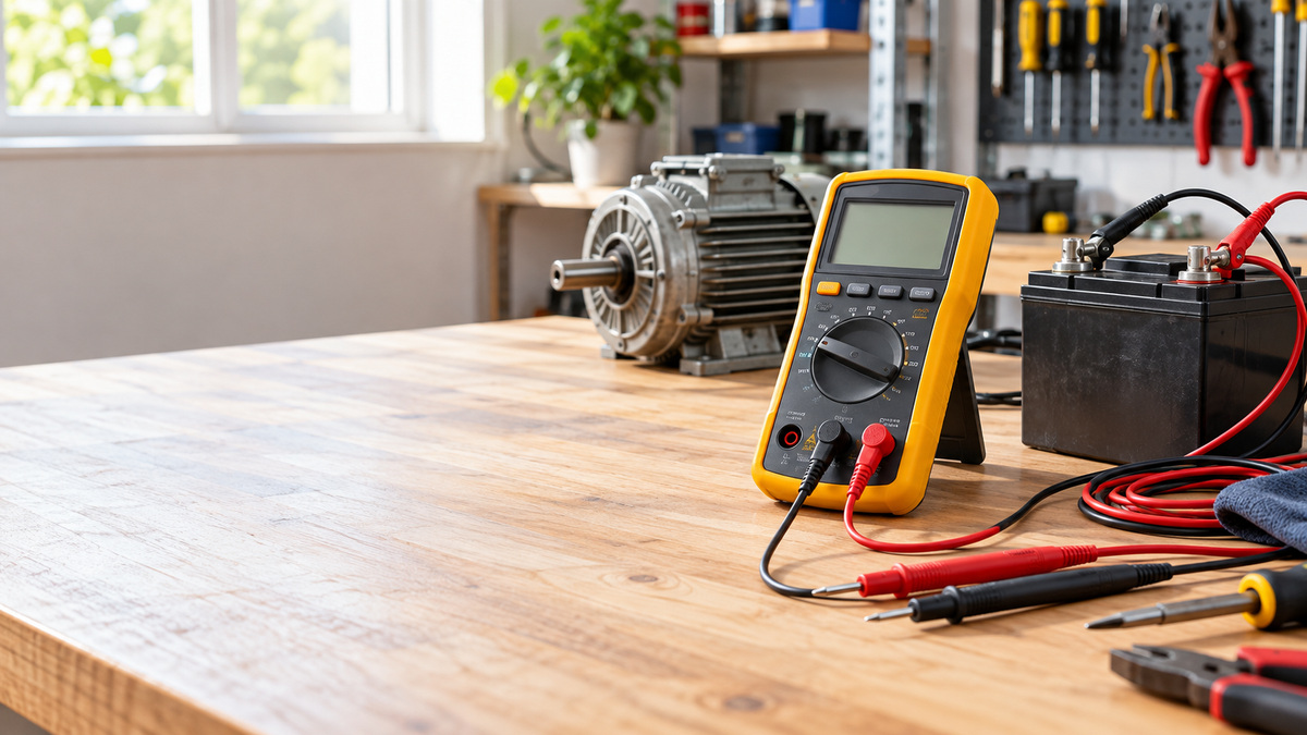A close-up hero image of a digital multimeter with test leads on a workbench next to a battery and wires.