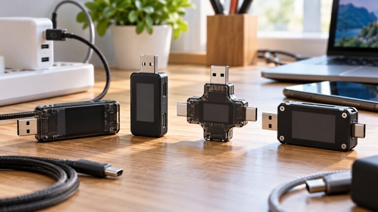 Several generic USB multitesters arranged in a bright home electronics workspace.
