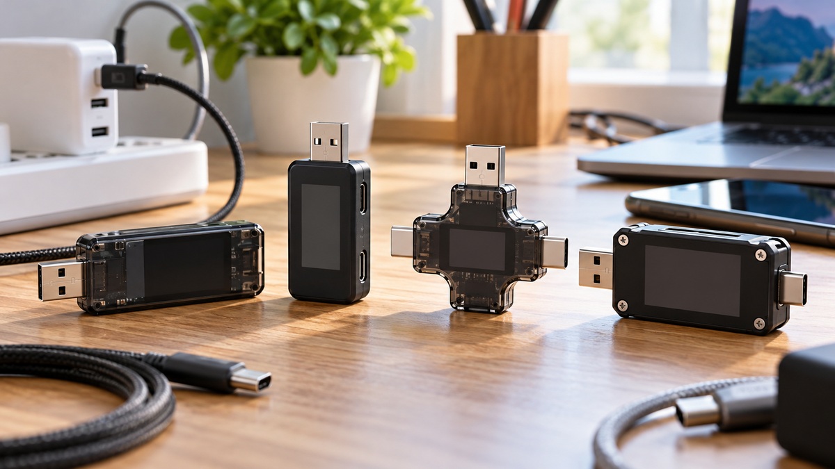 Several generic USB multitesters arranged in a bright home electronics workspace.
