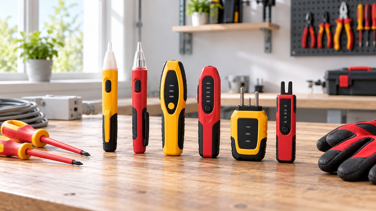 Six unbranded non-contact voltage detectors arranged on a bright electrical workbench.