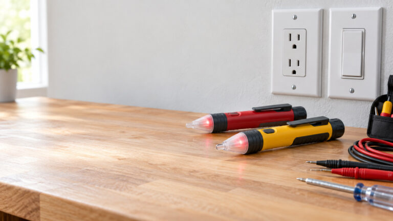 A close-up of pen-style NCV testers beside an outlet and light switch on a workbench.