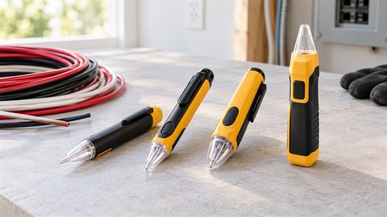 Generic compact non-contact voltage testers arranged beside insulated wire.
