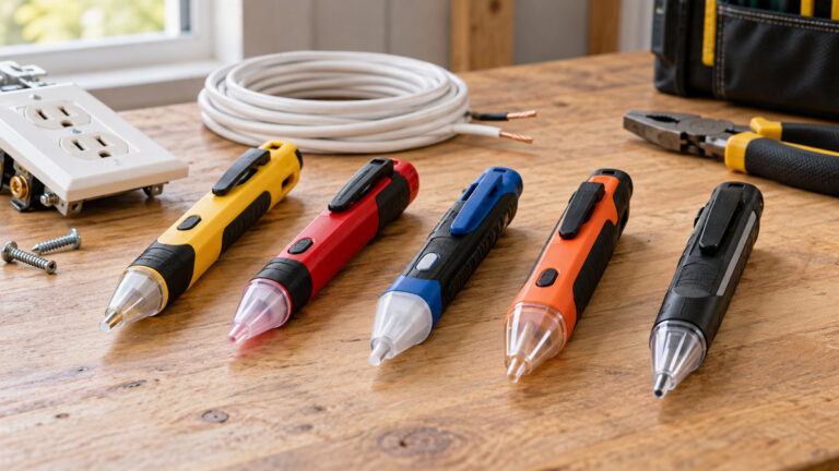 A clean editorial comparison scene showing generic non contact electrical tester pen options side by side.