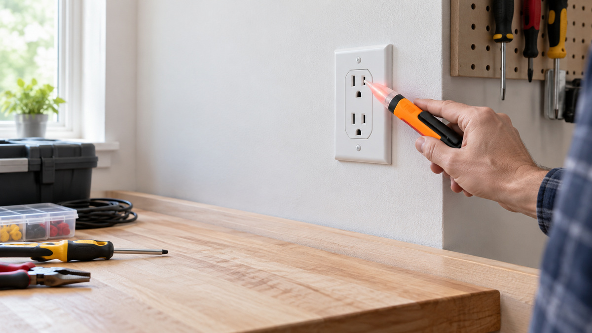 A close-up of a non contact voltage checker pen near an outlet in a home workshop.