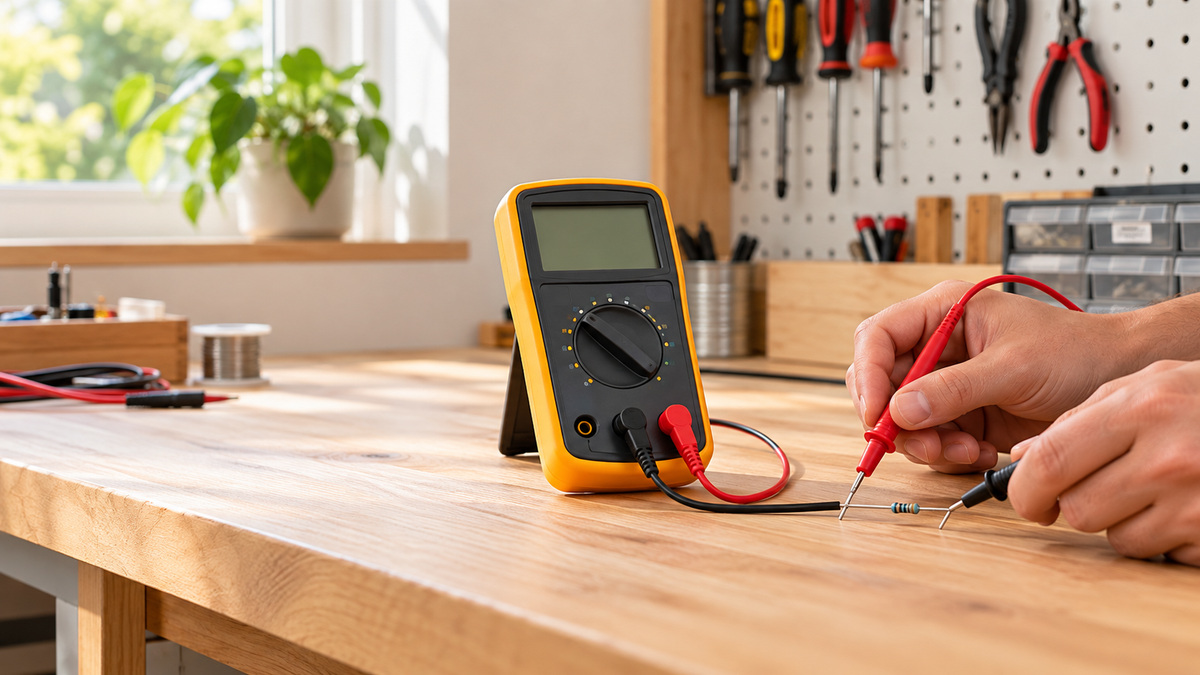 A close-up of a digital ohm meter with test leads measuring resistance on a workbench.