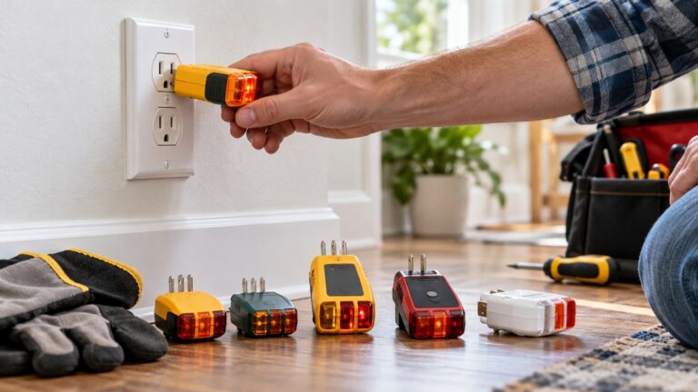 Several outlet testers arranged near a wall receptacle for an open-ground diagnostic comparison.