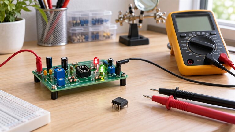 A small op amp test board with indicator LEDs on a clean workbench, a multimeter beside it and a loose op amp chip waiting to be tested.