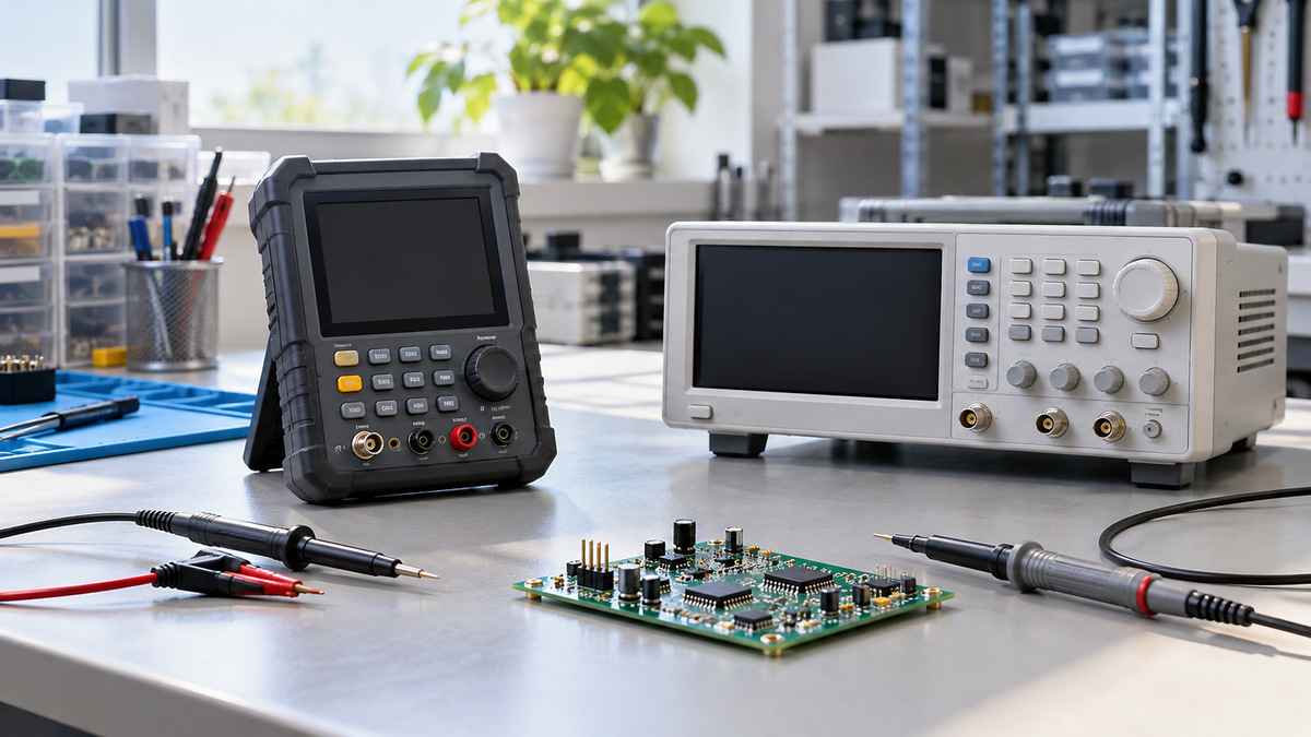 Handheld and benchtop oscillator testers compared beside a circuit board and probes.