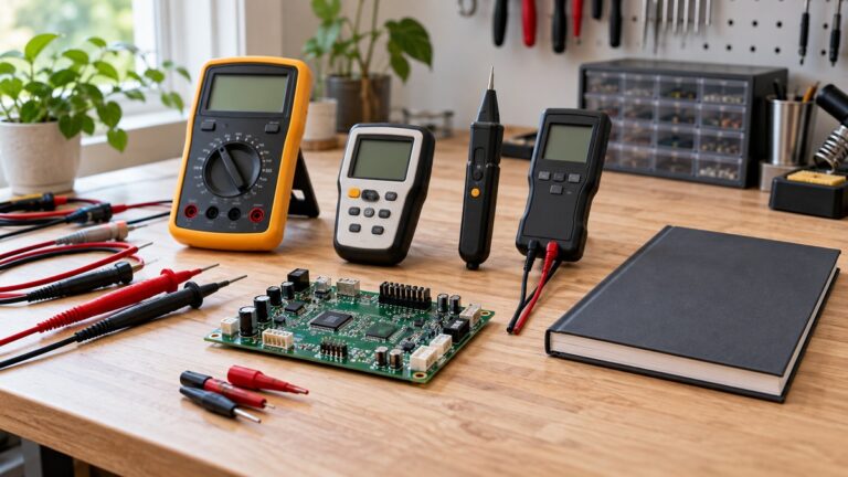 A clean workbench scene showing several pcb tester styles beside labeled leads and a safety manual, with no prices or retailer branding.