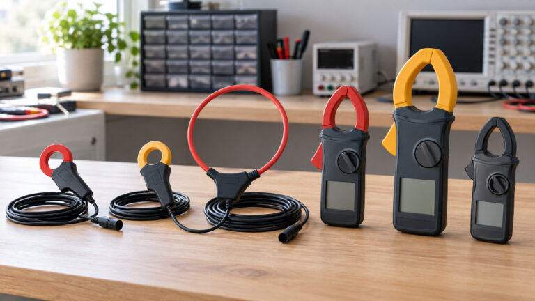 Compact current clamp probes and clamp meters arranged for comparison.