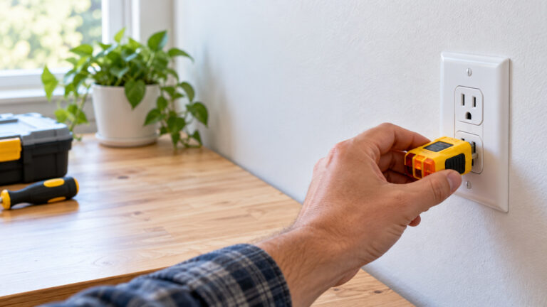 A hand plugging a yellow GFCI outlet tester into a wall receptacle in a home.