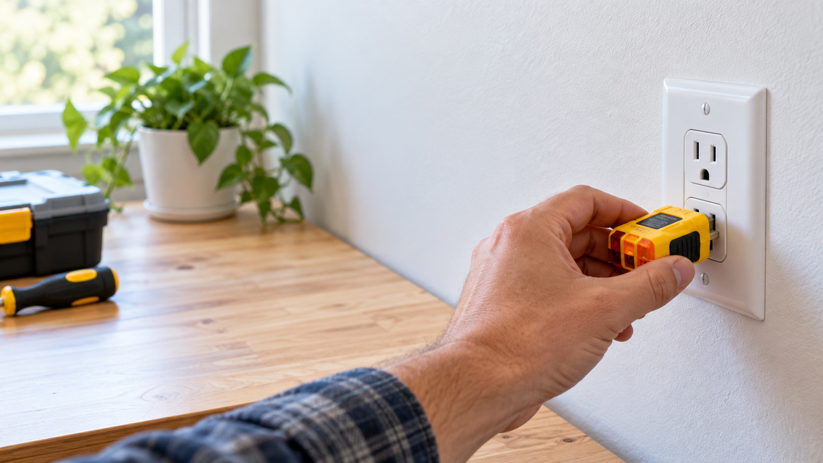 A hand plugging a yellow GFCI outlet tester into a wall receptacle in a home.