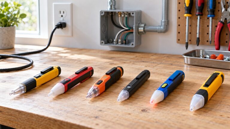 Several voltage detector pens arranged across a clean electrical workbench.